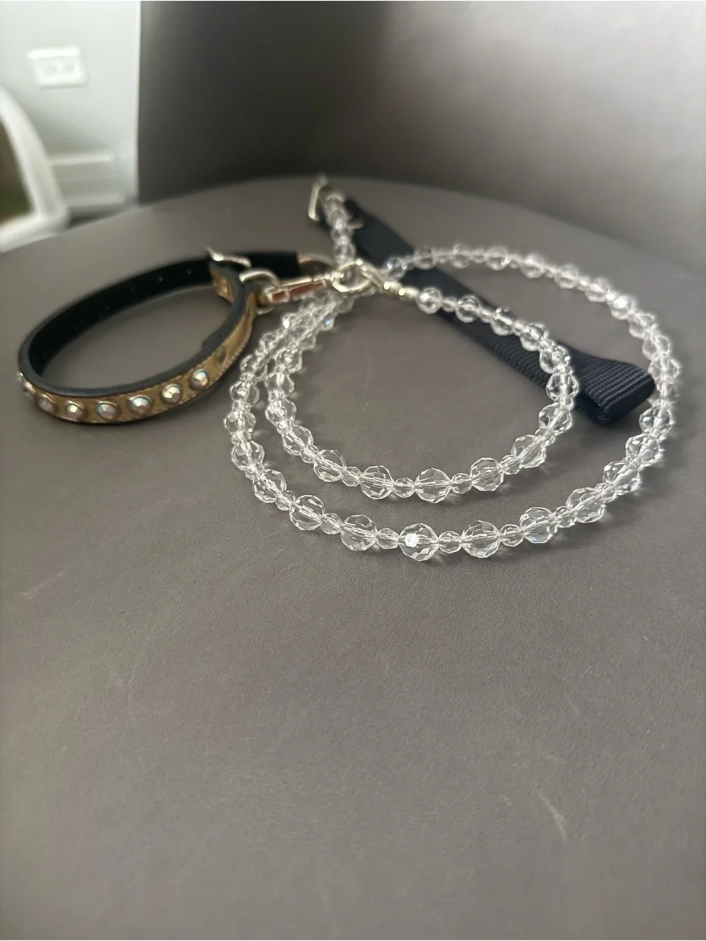 Crystal Beaded Dog Leash with Black Ribbon Handle